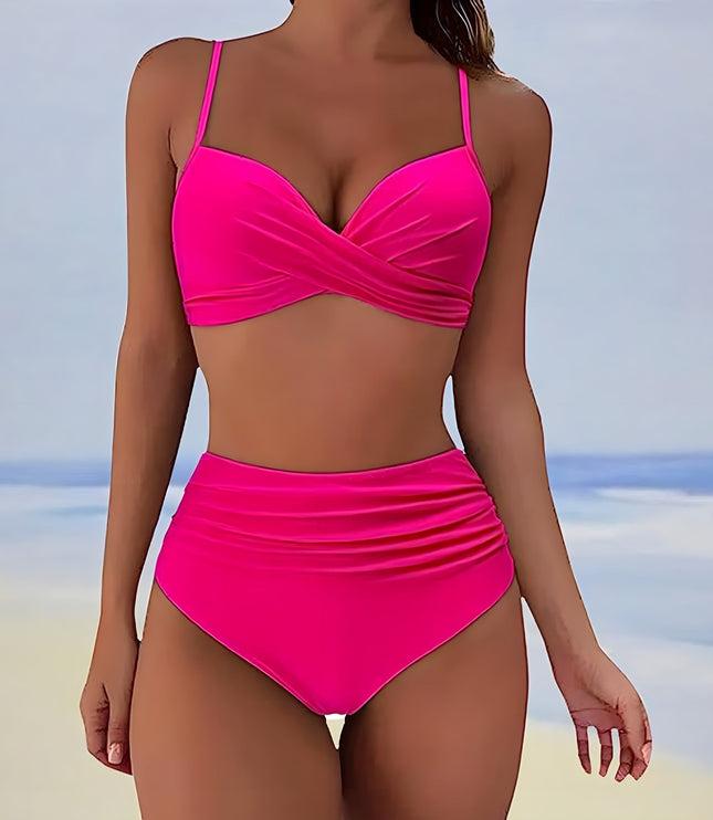 pink wrap bikini with ruched high-waisted bottom on beach