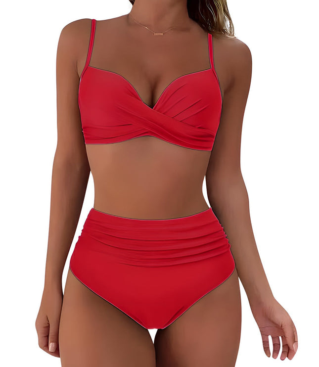 Red wrap bikini with ruched high-waisted bottom front view