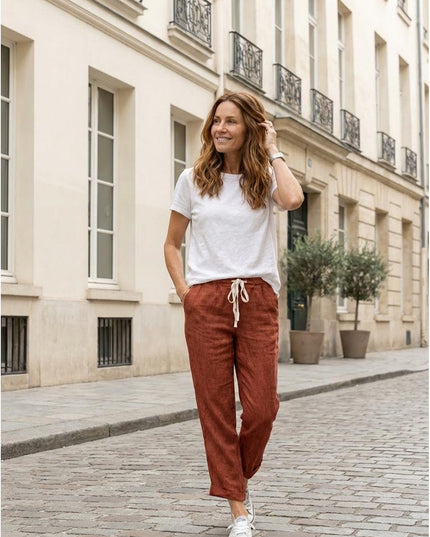 Rust linen drawstring pants with white t-shirt, casual summer outfit