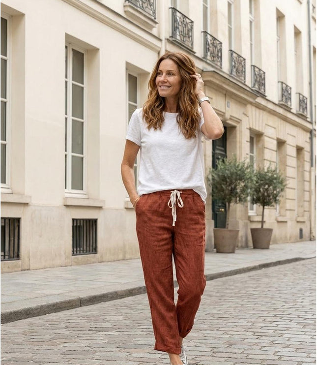 Rust linen drawstring pants with white t-shirt, casual summer outfit