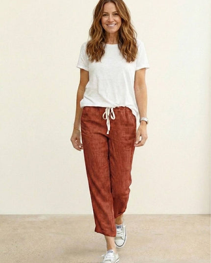 Rust linen casual pants with drawstring waist, full-length front view