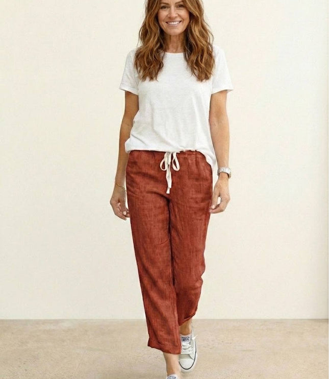 Rust linen casual pants with drawstring waist, full-length front view
