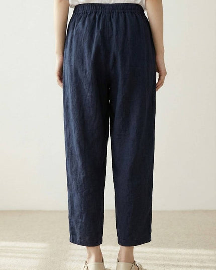 Navy linen pants back view, elastic waistband with drawstring