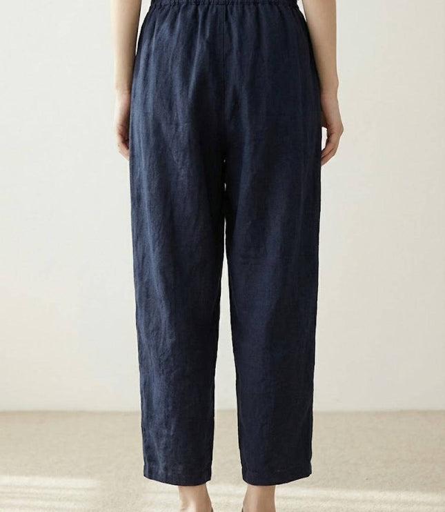 Navy linen pants back view, elastic waistband with drawstring