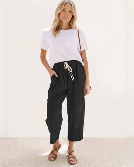 Black linen casual pants with cream drawstring, relaxed fit