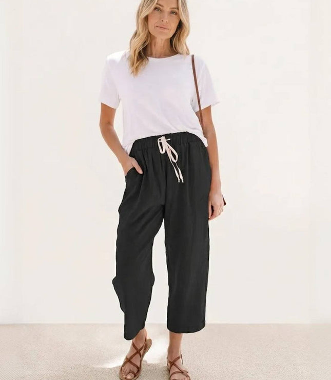 Black linen casual pants with cream drawstring, relaxed fit