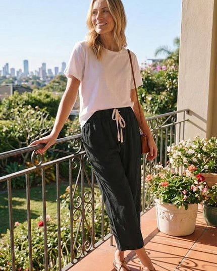 Black linen drawstring pants outdoor styling, summer casual wear