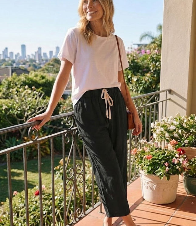 Black linen drawstring pants outdoor styling, summer casual wear