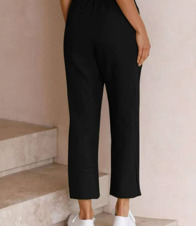 Back view of black linen casual pants with drawstring