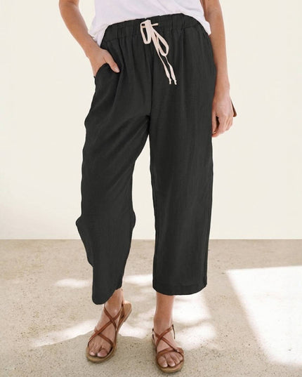 Black cropped linen pants with drawstring and pockets