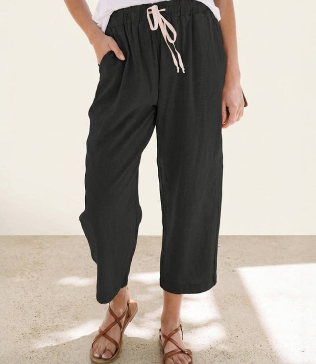 Black cropped linen pants with drawstring and pockets