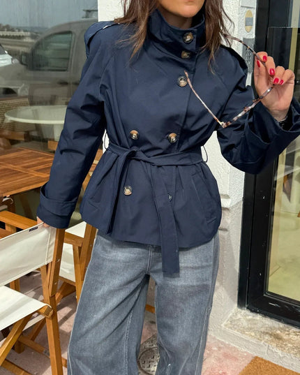 Women's Hip-Length Stand Collar Trench Coat
