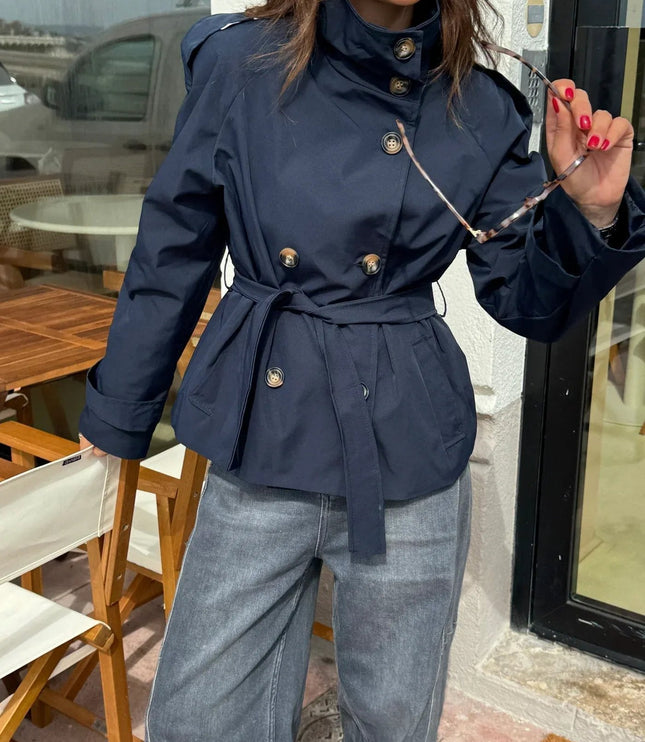 Women's Hip-Length Stand Collar Trench Coat
