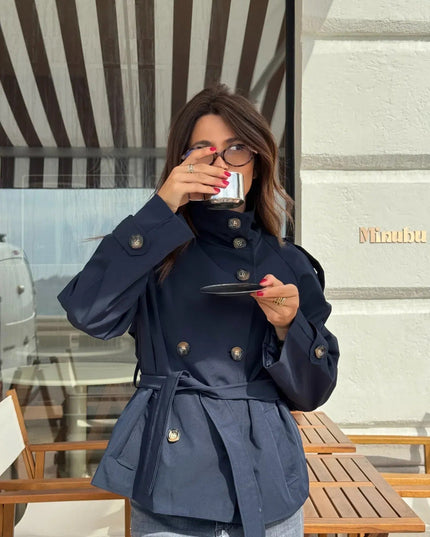Women's Hip-Length Stand Collar Trench Coat