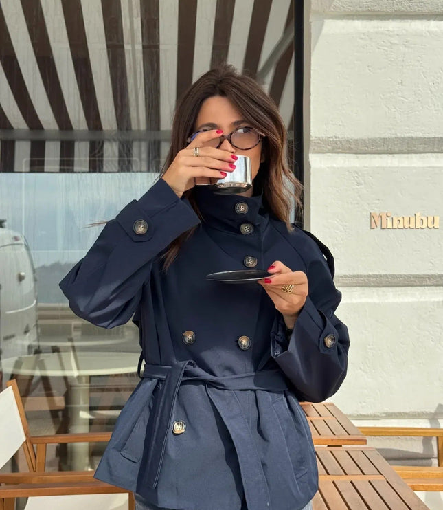 Women's Hip-Length Stand Collar Trench Coat