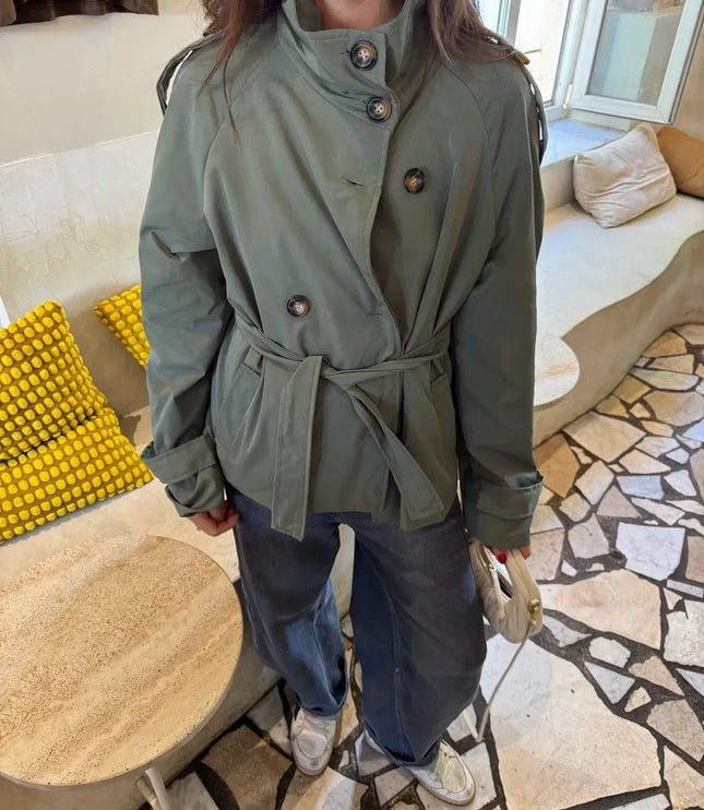 Women's Hip-Length Stand Collar Trench Coat