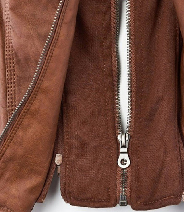 Women's Hooded Faux Leather Moto Jacket Zip-Up