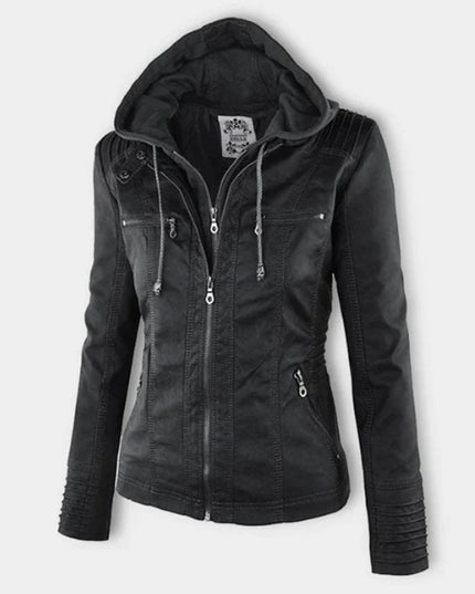 Women's Hooded Faux Leather Moto Jacket Zip-Up - Black