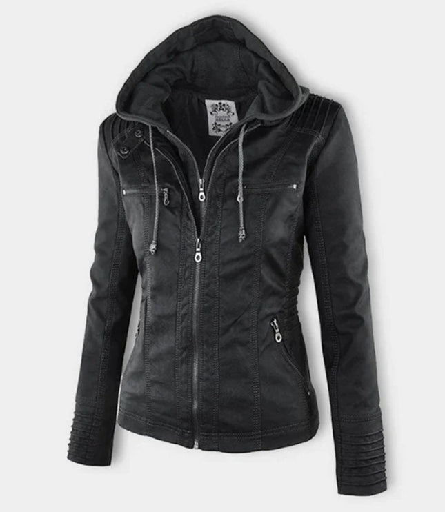 Women's Hooded Faux Leather Moto Jacket Zip-Up - Black