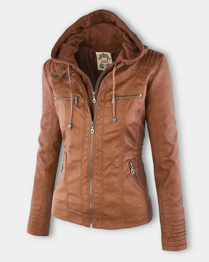 Women's Hooded Faux Leather Moto Jacket Zip-Up - Beige