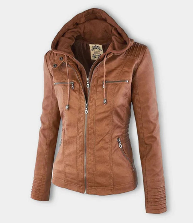 Women's Hooded Faux Leather Moto Jacket Zip-Up - Beige
