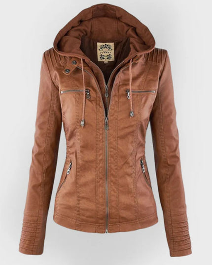 Women's Hooded Faux Leather Moto Jacket Zip-Up