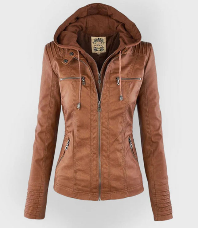 Women's Hooded Faux Leather Moto Jacket Zip-Up