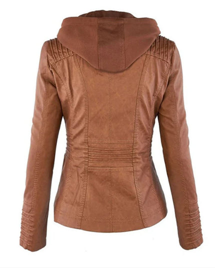 Women's Hooded Faux Leather Moto Jacket Zip-Up