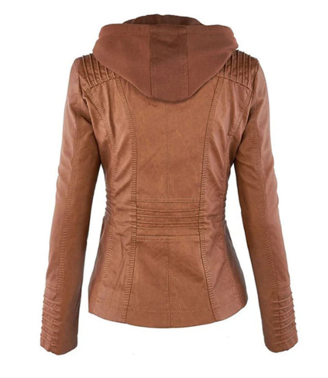Women's Hooded Faux Leather Moto Jacket Zip-Up