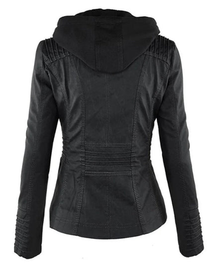 Women's Hooded Faux Leather Moto Jacket Zip-Up