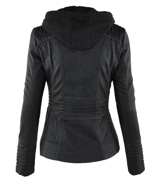 Women's Hooded Faux Leather Moto Jacket Zip-Up