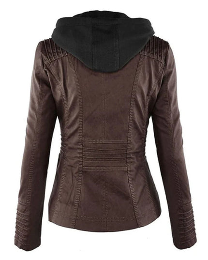 Women's Hooded Faux Leather Moto Jacket Zip-Up