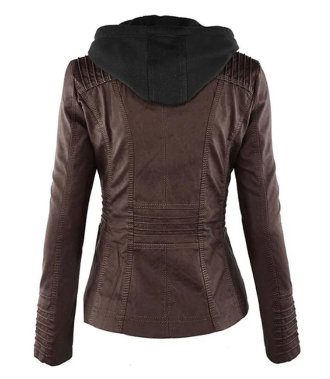 Women's Hooded Faux Leather Moto Jacket Zip-Up
