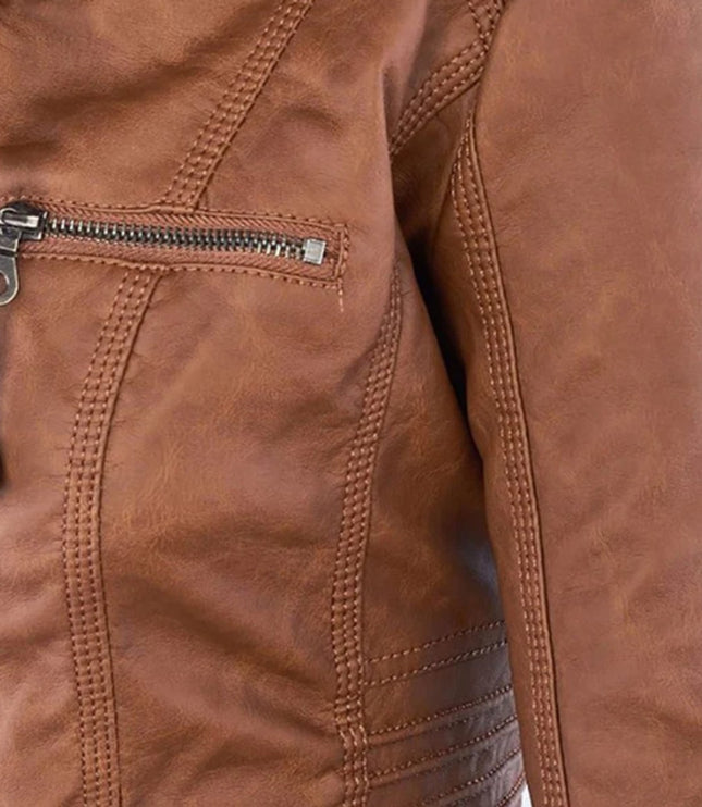 Women's Hooded Faux Leather Moto Jacket Zip-Up