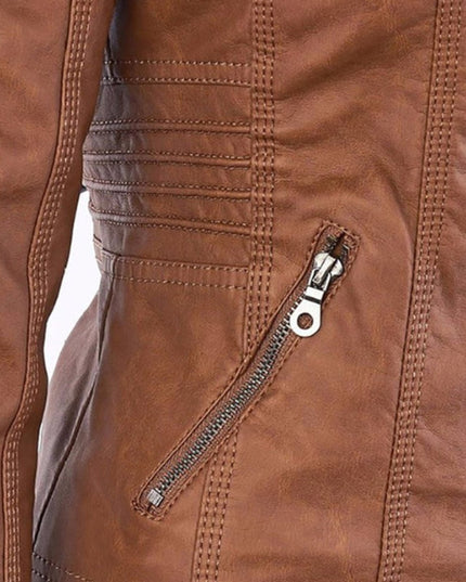 Women's Hooded Faux Leather Moto Jacket Zip-Up