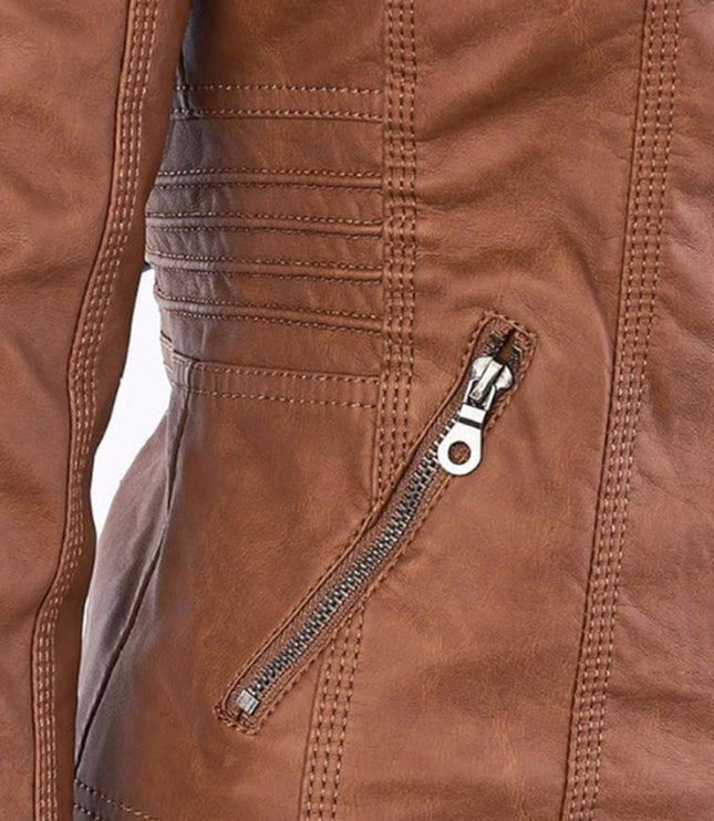 Women's Hooded Faux Leather Moto Jacket Zip-Up