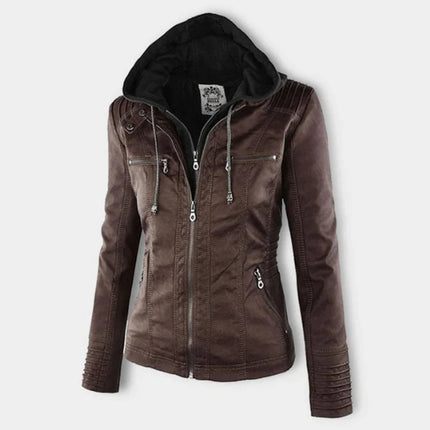 Women's Hooded Faux Leather Moto Jacket Zip-Up - Brown