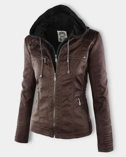 Women's Hooded Faux Leather Moto Jacket Zip-Up - Brown
