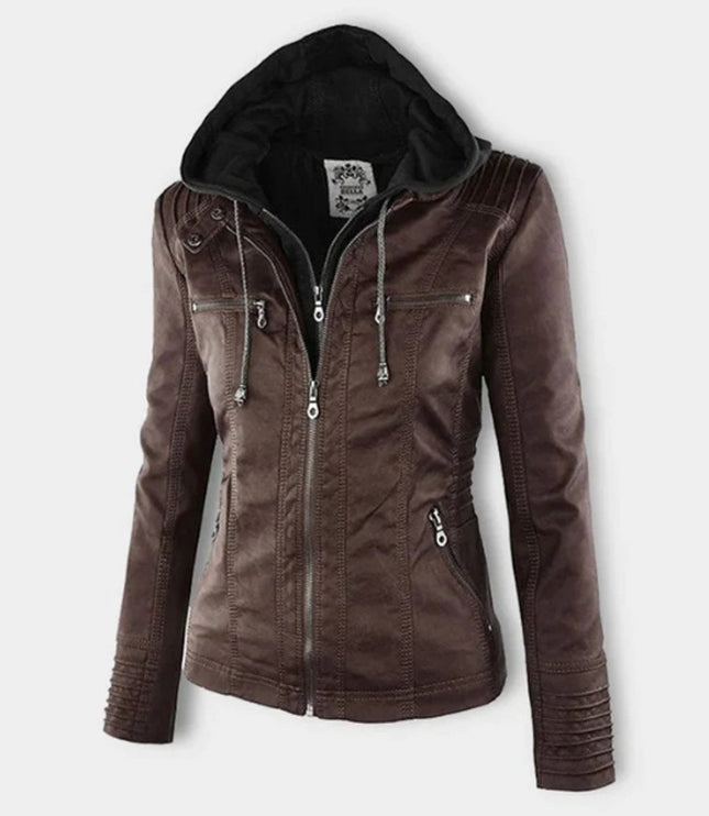 Women's Hooded Faux Leather Moto Jacket Zip-Up - Brown