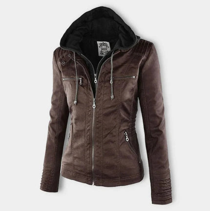 Women's Hooded Faux Leather Moto Jacket Zip-Up - Brown