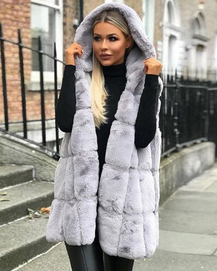 Women's Hooded Long Quilted Faux Fur Gilet Vest - Light Grey