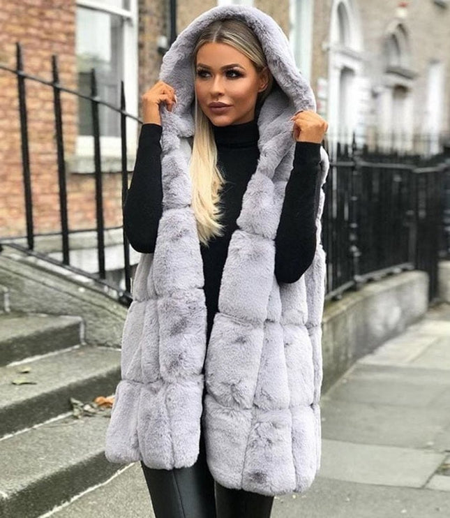 Women's Hooded Long Quilted Faux Fur Gilet Vest - Light Grey