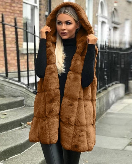 Women's Hooded Long Quilted Faux Fur Gilet Vest - Brown
