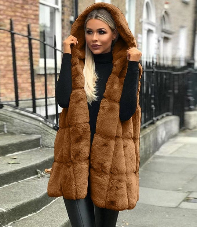 Women's Hooded Long Quilted Faux Fur Gilet Vest - Brown