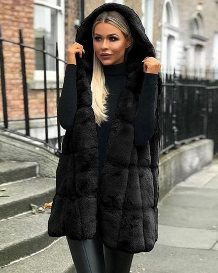 Women's Hooded Long Quilted Faux Fur Gilet Vest - Black