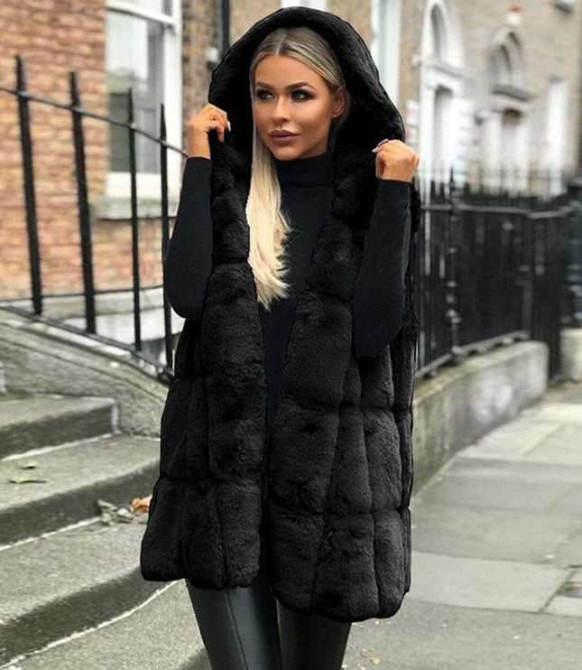 Women's Hooded Long Quilted Faux Fur Gilet Vest - Black