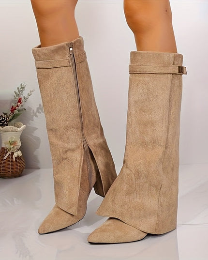 Bexley | Women's Knee High Suede-Look Block Heel Boots - Beige - Image 2