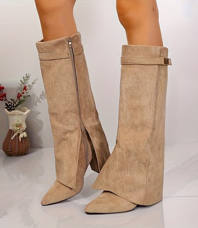 Bexley | Women's Knee High Suede-Look Block Heel Boots - Beige - Image 2