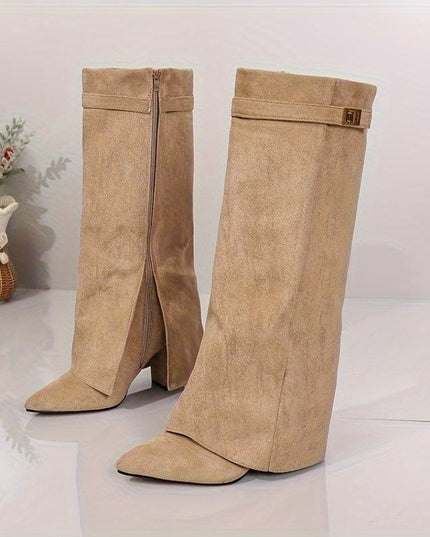 Bexley | Women's Knee High Suede-Look Block Heel Boots - Beige - Image 4