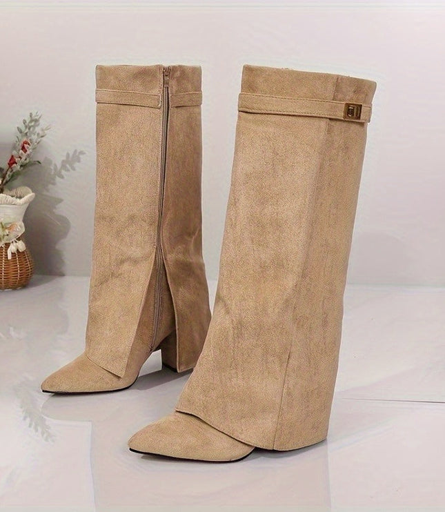 Bexley | Women's Knee High Suede-Look Block Heel Boots - Beige - Image 4